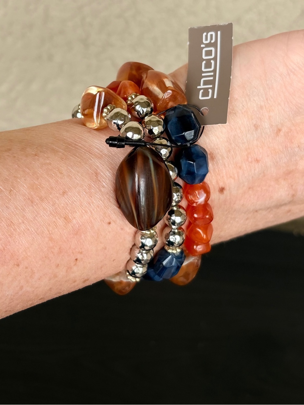 Chico's “Tanager” Orange and Navy Mixed Bead Stretch Bracelet Set